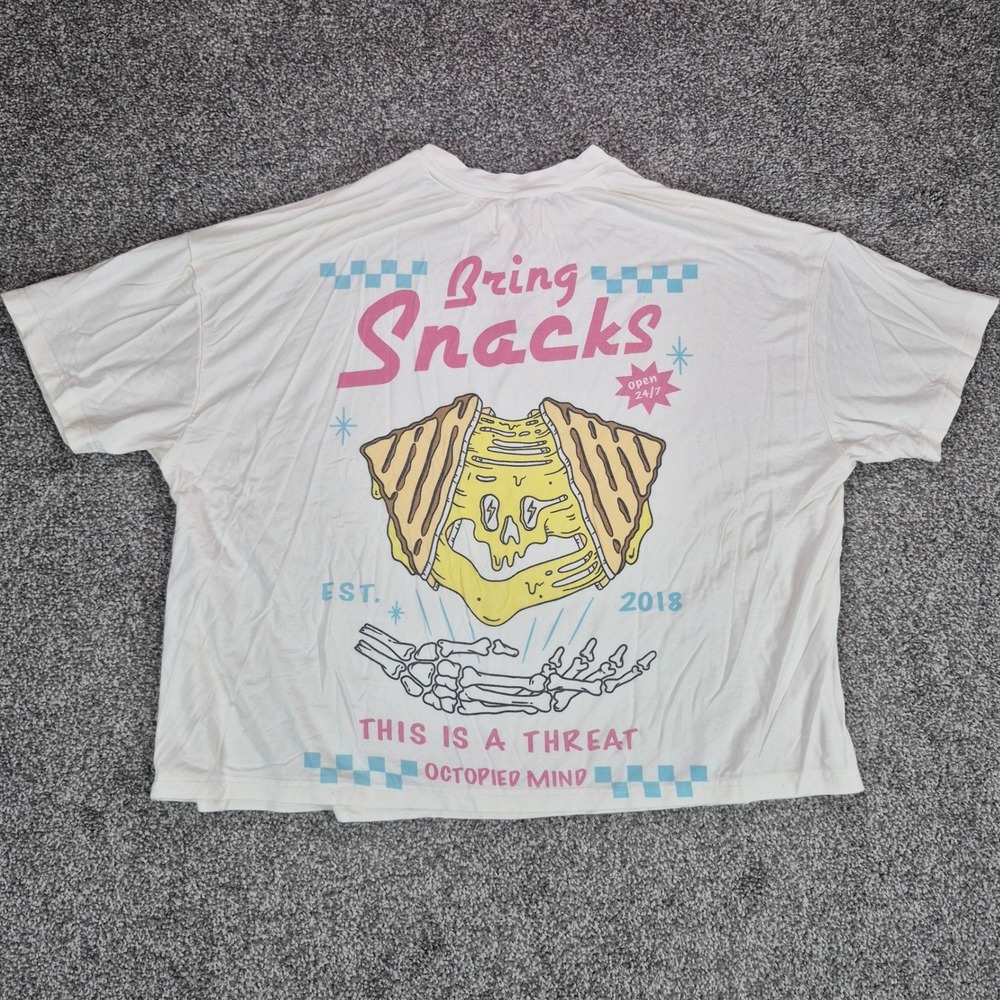 Octopied Mind T-Shirt Womens XS White Bring Snacks Cropped Graphic Tee